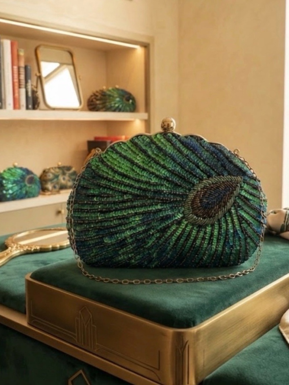 Green & Blue Beaded Evening Clutch with Chain one long and another short